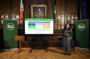 11 March 2025; FAI's head of women and girls football Hannah Dingley at the launch of FAI's Women & Girls' Football Action Plan held at the Mansion House in Dublin. Photo by Stephen McCarthy/Sportsfile