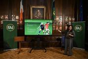 11 March 2025; FAI's head of women and girls football Hannah Dingley at the launch of FAI's Women & Girls' Football Action Plan held at the Mansion House in Dublin. Photo by Stephen McCarthy/Sportsfile