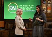 11 March 2025; FAI's head of women and girls football Hannah Dingley and Lord Mayor of Dublin Emma Blain, left, at the launch of FAI's Women & Girls' Football Action Plan held at the Mansion House in Dublin. Photo by Stephen McCarthy/Sportsfile