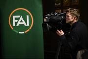 11 March 2025; A general view of a television camera and operator recording proceedings at the launch of FAI's Women & Girls' Football Action Plan held at the Mansion House in Dublin. Photo by Stephen McCarthy/Sportsfile