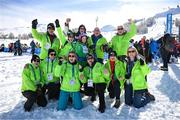 12 March 2025; Maire Connelly of Team Ireland, a member of Kilternan Karvers, Clanbridge, Galway, with family and friends after competing in the Giant Slalon Novice Final, First Round, event during day four of the Turin 2025 Special Olympics World Winter Games in Sestriere, Italy. Photo by Ray McManus/Sportsfile
