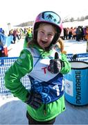 12 March 2025; Maire Connelly of Team Ireland, a member of Kilternan Karvers, Clanbridge, Galway in jovial mode after competing in the Giant Slalon Novice Final, First Round, event during day four of the Turin 2025 Special Olympics World Winter Games in Sestriere, Italy. Photo by Ray McManus/Sportsfile
