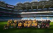 12 March 2025; More than 50 young players from Greenlanes National School and Scoil an tSeachtar Laoch (both from Dublin aged between 10 and 12 years old) took to the pitch in Croke Park today to showcase their NFL Flag Football skills. Fast paced and accessible for all, flag football is the non-contact format of American football and one of the fastest growing sports globally. Played by 20 million people in 100 countries - women and girls leading some of the largest growth - flag football will be included on the LA 2028 Olympic Games program, led by efforts of the International Federation of American Football (IFAF) and supported by the NFL. Greenlanes NS won the inaugural NFL Flag National Championship in December 2024 and represented Ireland at the NFL International Championships at the NFL Pro Bowl Games in Orlando, Florida, U.S., earlier this year. NFL Flag is the official flag football program of the NFL. The NFL will expand its NFL Flag program in Ireland, in a three-year plan to engage over 50,000 young people, as part of an NFL 2025 Dublin Game legacy commitment to growing the game in partnership with Sport Ireland and American Football Ireland. Pictured in Croke Park are current Steelers player Pat Freiermuth and former Steelers player Rod Woodson with pupils from Greenlanes National School and Scoil an tSeachtar Laoch. For more information and to get involved with NFL Flag visit https://www.nfl.com/news/get-involved-with-nfl-flag-uk-and-ireland. Photo by Brendan Moran/Sportsfile