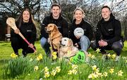 12 March 2025; In attendance are, from left, Cork camogie player Amy O'Connor, Galway footballer Shane Walsh, Leitrim footballer Clare Owens and Monaghan footballer Dessie Ward, with ambassador guide dog Belle, front, and guide dog Paris during the launch of the GPA and Irish Guide Dogs for the Blind official charity partnership between the two organisations for 2025, at the National Botanic Gardens of Ireland in Glasnevin, Dublin. Photo by Seb Daly/Sportsfile