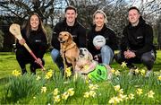 12 March 2025; In attendance are, from left, Cork camogie player Amy O'Connor, Galway footballer Shane Walsh, Leitrim footballer Clare Owens and Monaghan footballer Dessie Ward, with ambassador guide dog Belle, front, and guide dog Paris during the launch of the GPA and Irish Guide Dogs for the Blind official charity partnership between the two organisations for 2025, at the National Botanic Gardens of Ireland in Glasnevin, Dublin. Photo by Seb Daly/Sportsfile