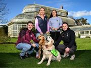12 March 2025; In attendance are, from left, Galway footballer Shane Walsh, Leitrim footballer Clare Owens, Cork camogie player Amy O'Connor and Monaghan footballer Dessie Ward, with ambassador guide dog Belle, front, and guide dog Paris during the launch of the GPA and Irish Guide Dogs for the Blind official charity partnership between the two organisations for 2025, at the National Botanic Gardens of Ireland in Glasnevin, Dublin. Photo by Seb Daly/Sportsfile