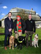 12 March 2025; In attendance are, GPA chief executive officer Tom Parsons, with guide dog Paris, Irish Guide Dogs for the Blind Balbriggan branch chair and guide dog owner Tom O’Neill, and his guide dog Qeb, and Irish Guide Dogs for the Blind chief executive Tim O’Mahony, with ambassador dog Belle, during the launch of the GPA and Irish Guide Dogs for the Blind official charity partnership between the two organisations for 2025, at the National Botanic Gardens of Ireland in Glasnevin, Dublin. Photo by Seb Daly/Sportsfile