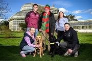 12 March 2025; In attendance are, from left, Leitrim footballer Clare Owens, Galway footballer Shane Walsh, Irish Guide Dogs for the Blind Balbriggan branch chair and guide dog owner Tom O’Neill, and his guide dog Qeb, Cork camogie player Amy O'Connor and Monaghan footballer Dessie Ward, with ambassador guide dog Belle during the launch of the GPA and Irish Guide Dogs for the Blind official charity partnership between the two organisations for 2025, at the National Botanic Gardens of Ireland in Glasnevin, Dublin. Photo by Seb Daly/Sportsfile