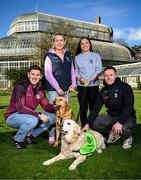 12 March 2025; In attendance are, from left, Galway footballer Shane Walsh, Leitrim footballer Clare Owens, Cork camogie player Amy O'Connor and Monaghan footballer Dessie Ward, with ambassador guide dog Belle, front, and guide dog Paris during the launch of the GPA and Irish Guide Dogs for the Blind official charity partnership between the two organisations for 2025, at the National Botanic Gardens of Ireland in Glasnevin, Dublin. Photo by Seb Daly/Sportsfile