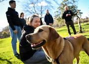 12 March 2025; Guide dog Paris and Leitrim footballer Clare Owens during the launch of the GPA and Irish Guide Dogs for the Blind official charity partnership between the two organisations for 2025, at the National Botanic Gardens of Ireland in Glasnevin, Dublin. Photo by Seb Daly/Sportsfile