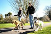 12 March 2025; Leitrim footballer Clare Owens and guide dog Paris, left, with Galway footballer Shane Walsh and ambassador guide dog Belle during the launch of the GPA and Irish Guide Dogs for the Blind official charity partnership between the two organisations for 2025, at the National Botanic Gardens of Ireland in Glasnevin, Dublin. Photo by Seb Daly/Sportsfile