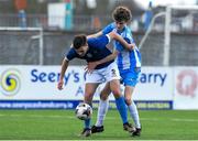 12 March 2025; Peter Walsh of Blackrock College in action against Jamie O'Malley of Rice College during the FAI Schools Dr Tony O'Neill Senior National Cup final match between Blackrock College and Rice College at Athlone Town Stadium in Athlone, Westmeath. Photo by Matt Browne/Sportsfile