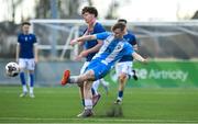 12 March 2025; Rian Durkan of Rice College in action against Charlie Hearty of Blackrock College during the FAI Schools Dr Tony O'Neill Senior National Cup final match between Blackrock College and Rice College at Athlone Town Stadium in Athlone, Westmeath. Photo by Matt Browne/Sportsfile