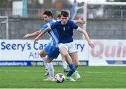 12 March 2025; Sam Mooney of Blackrock College in action against Evan Durkan of Rice College during the FAI Schools Dr Tony O'Neill Senior National Cup final match between Blackrock College and Rice College at Athlone Town Stadium in Athlone, Westmeath. Photo by Matt Browne/Sportsfile