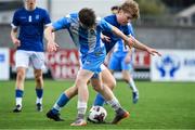 12 March 2025; Rian Durkan of Rice College in action against Jack Luff of Blackrock College during the FAI Schools Dr Tony O'Neill Senior National Cup final match between Blackrock College and Rice College at Athlone Town Stadium in Athlone, Westmeath. Photo by Matt Browne/Sportsfile