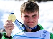 12 March 2025; Caolan McConville of Team Ireland, a member of Skiability Northern Ireland, Aghaghallon, Antrim with his Gold Medal, a first ever Gold for a Special Olympics Ireland athlete at Advanced level, on day four of the Turin 2025 Special Olympics World Winter Games in Sestriere, Italy. Photo by Ray McManus/Sportsfile