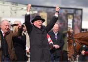 12 March 2025; Winning owner Lar Byrne celebrates after winning The Brown Advisory Novices’ Steeple Chase with Lecky Watson on day two of the Cheltenham Racing Festival at Prestbury Park in Cheltenham, England. Photo by Harry Murphy/Sportsfile