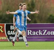 12 March 2025; Rian Durkan of Rice College celebrates after scoring his side's first goal during the FAI Schools Dr Tony O'Neill Senior National Cup final match between Blackrock College and Rice College at Athlone Town Stadium in Athlone, Westmeath. Photo by Matt Browne/Sportsfile