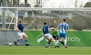 12 March 2025; Rian Durkan of Rice College, 11, shoots to score his side's first goal during the FAI Schools Dr Tony O'Neill Senior National Cup final match between Blackrock College and Rice College at Athlone Town Stadium in Athlone, Westmeath. Photo by Matt Browne/Sportsfile