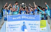 12 March 2025; Alex Halpin captain of Rice College lifts the cup as his team-mmates celebrate after the FAI Schools Dr Tony O'Neill Senior National Cup final match between Blackrock College and Rice College at Athlone Town Stadium in Athlone, Westmeath. Photo by Matt Browne/Sportsfile