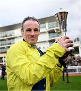 12 March 2025; Jockey Sean Flanagan celebrates after Marine Nationale won The BetMGM Queen Mother Champion Steeple Chase on day two of the Cheltenham Racing Festival at Prestbury Park in Cheltenham, England. Photo by David Fitzgerald/Sportsfile