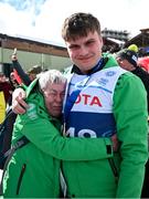 12 March 2025; Jill Coulter Sloan, Head Coach, skiing, Caolan McConville of Team Ireland, a member of Skiability Northern Ireland, Aghaghallon, Antrim with his Gold Medal, a first ever Gold for a Special Olympics Ireland athlete at Advanced level, on day four of the Turin 2025 Special Olympics World Winter Games in Sestriere, Italy. Photo by Ray McManus/Sportsfile