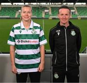 12 March 2025; Shamrock Rovers new signing Ruesha Littlejohn with head coach Collie O'Neill during her unveiling at Tallaght Stadium in Dublin. Photo by Stephen McCarthy/Sportsfile