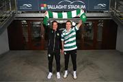 12 March 2025; Shamrock Rovers new signing Ruesha Littlejohn with head coach Collie O'Neill during her unveiling at Tallaght Stadium in Dublin. Photo by Stephen McCarthy/Sportsfile