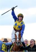 12 March 2025; Jody Townend, aboard Bambino Fever, celebrates after winning The Weatherbys Champion Bumper on day two of the Cheltenham Racing Festival at Prestbury Park in Cheltenham, England. Photo by Harry Murphy/Sportsfile