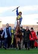 12 March 2025; Jody Townend, aboard Bambino Fever, celebrates after winning The Weatherbys Champion Bumper on day two of the Cheltenham Racing Festival at Prestbury Park in Cheltenham, England. Photo by Harry Murphy/Sportsfile