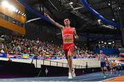 9 March 2025; Jakob Ingebrigtsen of Norway celebrates winning the men's 3000m during day four of the European Athletics Indoor Championships 2025 at the Omnisport Apeldoorn in Apeldoorn, Netherlands. Photo by Sam Barnes/Sportsfile