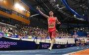 9 March 2025; Jakob Ingebrigtsen of Norway celebrates winning the men's 3000m during day four of the European Athletics Indoor Championships 2025 at the Omnisport Apeldoorn in Apeldoorn, Netherlands. Photo by Sam Barnes/Sportsfile