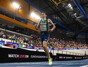 9 March 2025; Andrew Coscoran of Ireland, right, crosses the line to finish sixth in the men's 3000m during day four of the European Athletics Indoor Championships 2025 at the Omnisport Apeldoorn in Apeldoorn, Netherlands. Photo by Sam Barnes/Sportsfile