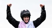 13 March 2025; Jockey Rachael Blackmore celebrates aboard Air Of Entitlement after winning the Ryanair Mares Novices Hurdle  on day three of the Cheltenham Racing Festival at Prestbury Park in Cheltenham, England. Photo by David Fitzgerald/Sportsfile