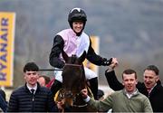 13 March 2025; Jockey Rachael Blackmore, aboard Air Of Entitlement, is congraulated by trainer Henry de Bromhead after winning the Ryanair Mares Novices Hurdle on day three of the Cheltenham Racing Festival at Prestbury Park in Cheltenham, England. Photo by David Fitzgerald/Sportsfile
