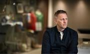 13 March 2025; Republic of Ireland head coach Heimir Hallgrimsson during a television interview before a press conference at FAI Headquarters in Abbotstown, Dublin, following a Republic of Ireland squad announcement. Photo by Stephen McCarthy/Sportsfile
