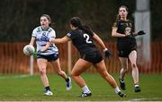 13 March 2025; Neesha Whelan of University of Limerick in action against Sadhbh Blood of TUS Midwest during the 2025 AIG Lagan Cup final match between TUS Midwest and University of Limerick at Queen's Sport in Belfast. Photo by Shauna Clinton/Sportsfile