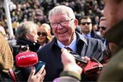 13 March 2025; Former Manchester United manager, and part owner of Caldwell Potter, Sir Alex Ferguson is interviewed after victory in the Jack Richards Novices Limited Handicap Chase on day three of the Cheltenham Racing Festival at Prestbury Park in Cheltenham, England. Photo by David Fitzgerald/Sportsfile