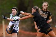 13 March 2025; Keira O'Reilly of University of Limerick has a score blocked by Sophie Maher of TUS Midwest during the 2025 AIG Lagan Cup final match between TUS Midwest and University of Limerick at Queen's Sport in Belfast. Photo by Shauna Clinton/Sportsfile