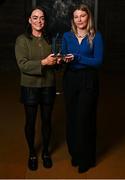 13 March 2025; Cavan star Sinéad Greene is presented with The Croke Park Hotel/LGFA Player of the Month award for February 2025 by Olivia Colgan, Business Development Executive, The Croke Park Hotel, at The Croke Park Hotel in Jones Road, Dublin. Sinéad was in excellent form for Cavan, who lead Division 3 of the Lidl NFL, during the month of February. Photo by Tyler Miller/Sportsfile