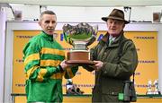 13 March 2025; Winning jockey Mark Walsh and trainer Willie Mullins with the cup after Fact To File won the Ryanair Chase on day three of the Cheltenham Racing Festival at Prestbury Park in Cheltenham, England. Photo by David Fitzgerald/Sportsfile