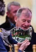13 March 2025; Winning owner JP McManus with the cup after Fact To File won the Ryanair Chase on day three of the Cheltenham Racing Festival at Prestbury Park in Cheltenham, England. Photo by Harry Murphy/Sportsfile
