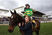 13 March 2025; Jockey Mark Walsh, aboard Fact To File, celebrates after winning the Ryanair Chase on day three of the Cheltenham Racing Festival at Prestbury Park in Cheltenham, England. Photo by Harry Murphy/Sportsfile