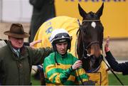 13 March 2025; Winning jockey Mark Walsh and trainer Willie Mullins after Fact To File won the Ryanair Chase on day three of the Cheltenham Racing Festival at Prestbury Park in Cheltenham, England. Photo by Harry Murphy/Sportsfile