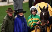13 March 2025; Winning jockey Mark Walsh, trainer Willie Mullins and Noreen McManus after Fact To File won the Ryanair Chase on day three of the Cheltenham Racing Festival at Prestbury Park in Cheltenham, England. Photo by Harry Murphy/Sportsfile