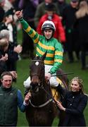 13 March 2025; Jockey Mark Walsh, aboard Fact To File, celebrates after winning the Ryanair Chase on day three of the Cheltenham Racing Festival at Prestbury Park in Cheltenham, England. Photo by Harry Murphy/Sportsfile