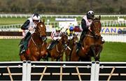 13 March 2025; Bob Olinger, with Rachael Blackmore up, right, jumps the last alongside Teahupoo, with Jack Kennedy up, who finished second, on their way to winning the Paddy Power Stayers' Hurdle on day three of the Cheltenham Racing Festival at Prestbury Park in Cheltenham, England. Photo by David Fitzgerald/Sportsfile