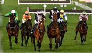 13 March 2025; Bob Olinger, with Rachael Blackmore up, right, leads Teahupoo, with Jack Kennedy up, left, who finished second, on their way to winning the Paddy Power Stayers' Hurdle on day three of the Cheltenham Racing Festival at Prestbury Park in Cheltenham, England. Photo by David Fitzgerald/Sportsfile