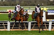 13 March 2025; Bob Olinger, with Rachael Blackmore up, right, jumps the last alongside Teahupoo, with Jack Kennedy up, who finished second, on their way to winning the Paddy Power Stayers' Hurdle on day three of the Cheltenham Racing Festival at Prestbury Park in Cheltenham, England. Photo by David Fitzgerald/Sportsfile