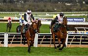 13 March 2025; Bob Olinger, with Rachael Blackmore up, right, clears the last alongside Teahupoo, with Jack Kennedy up, who finished second, on their way to winning the Paddy Power Stayers' Hurdle on day three of the Cheltenham Racing Festival at Prestbury Park in Cheltenham, England. Photo by David Fitzgerald/Sportsfile